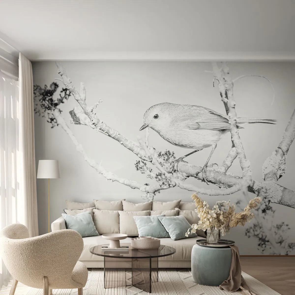 Fototapet Premium Canvas - Vintermorgen - Lyse, Fugl, Natur - 150x105 cm