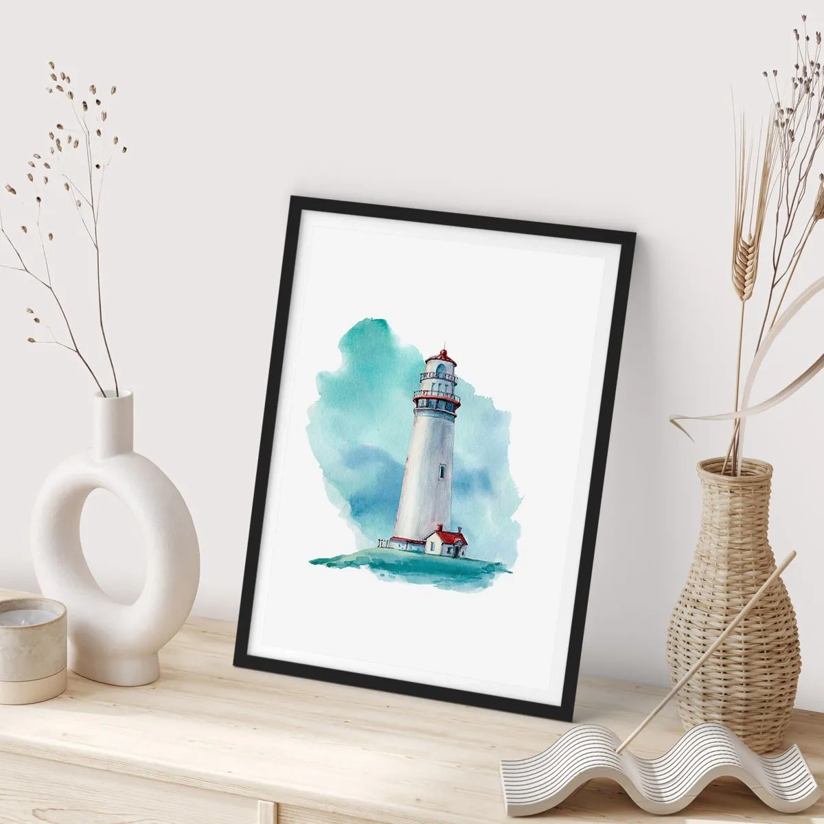 Plakat i sort ramme - En malerisk illustration af et fyrtårn omgivet af en blå himmel. - 50x70cm - Det blås blide søster - Moderne vægdekoration til stue og soveværelse ARTTOR