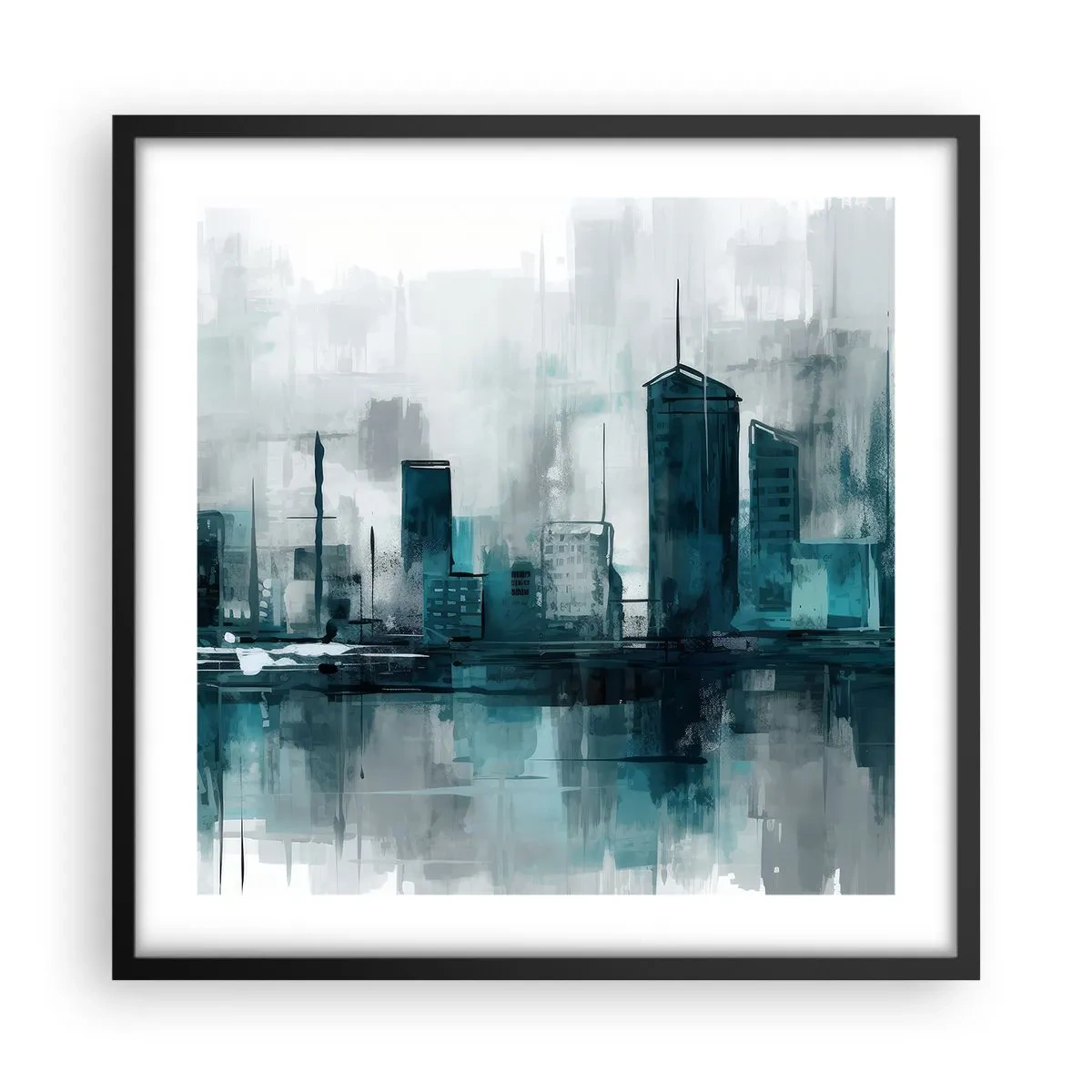 Plakat i sort ramme - Regnfarvet by - 50x50 cm
