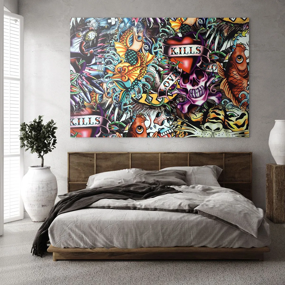 Billede på glas - En farverig komposition af mønstre inspireret af tatoveringskunst - 70x50cm - En tatovørers drøm - Moderne vægdekoration til stue og soveværelse ARTTOR