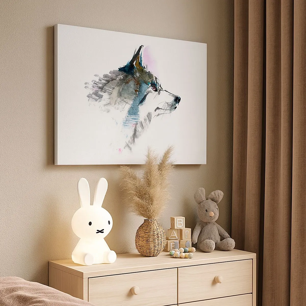 Lærredstryk - Billede på lærred - Akvarel ulv i minimalistisk stil - 70x50cm - Når vi taler om ulven - Moderne vægdekoration til stue og soveværelse ARTTOR