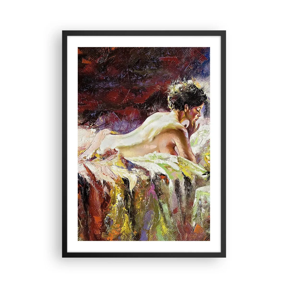 Plakat i sort ramme - Kunstnerisk nøgenbillede af en kvinde i et farverigt miljø - 50x70cm - Eftertænksom Venus - Moderne vægdekoration til stue og soveværelse ARTTOR