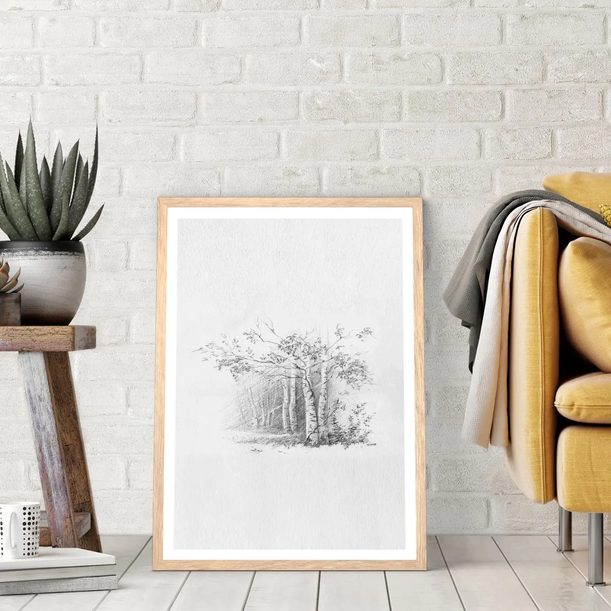 Plakat i ramme af lyst egetræ - Lyset fra birkeskoven - 30x40 cm