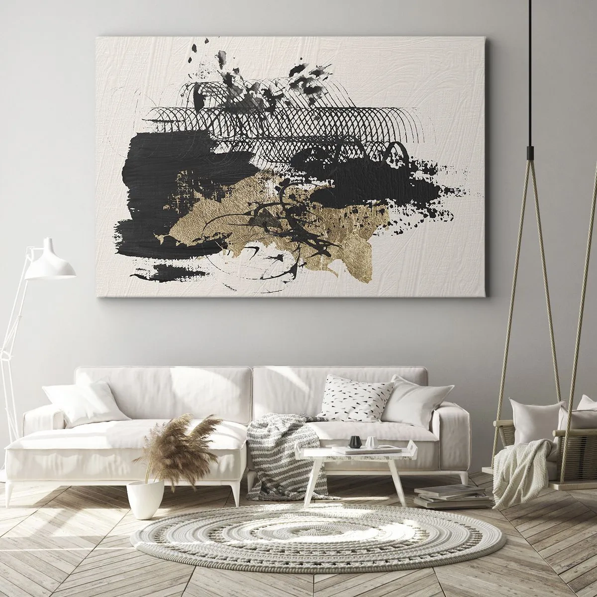 Lærredstryk - Billede på lærred - Et abstrakt maleri i sort og guld med dynamiske linjer og strukturer. - 70x50cm - Komposition med lidenskab - Moderne vægdekoration til stue og soveværelse ARTTOR