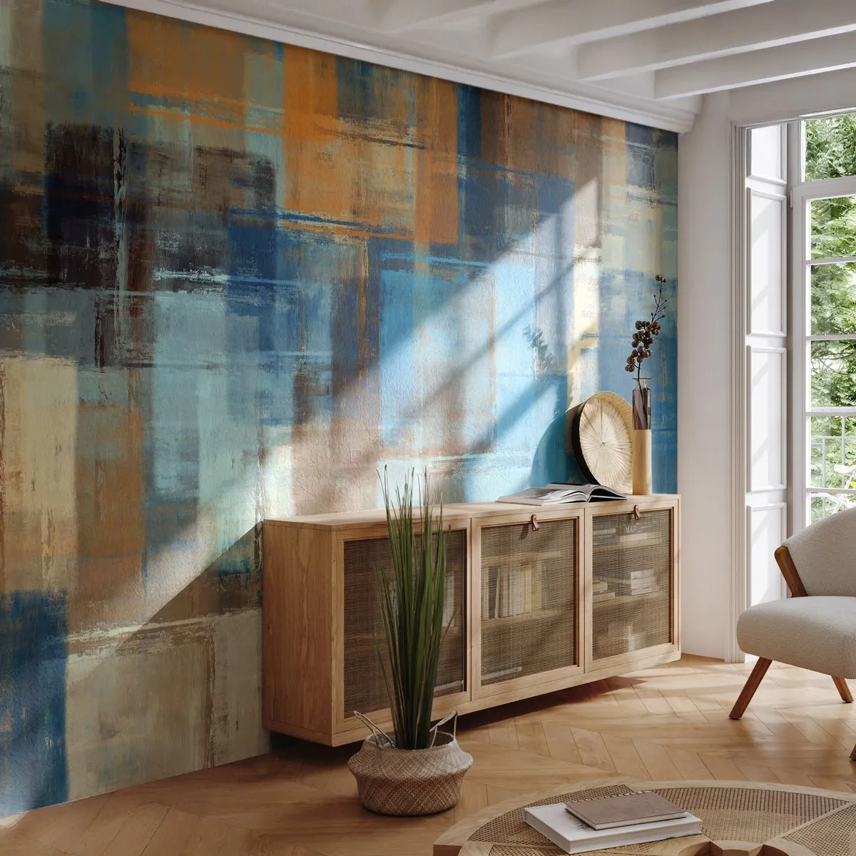 Fototapet Premium Sand - Gennem det blå slør - Abstraktion, Stykke, Maling - 100x70 cm