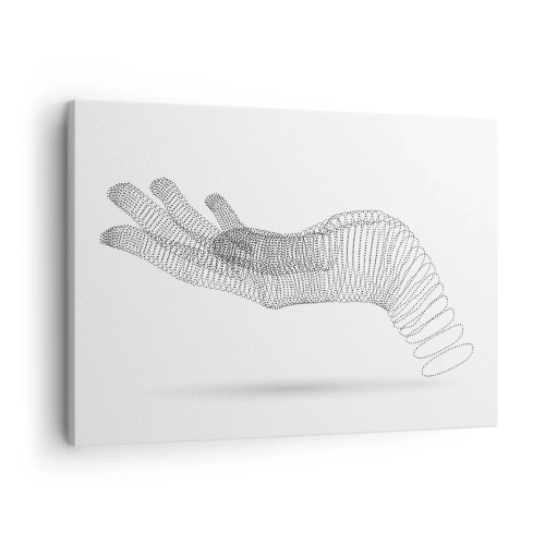 Lærredstryk - Billede på lærred - En minimalistisk illustration af en hånd lavet af sorte prikker på en hvid baggrund. - 70x50cm - Fjedrende hånd - Moderne vægdekoration til stue og soveværelse ARTTOR