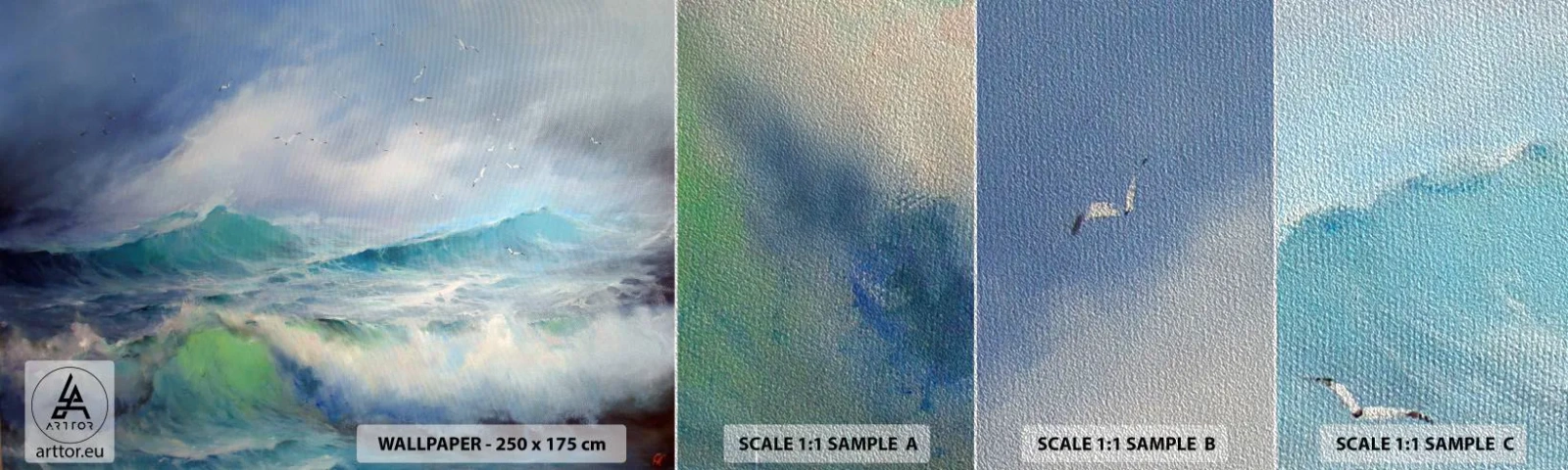 Prøve Fototapet Premium Sand - "Hvirvelvinden hylede af triumf ...’ - Storm, Høj bølge, Fugle - 100x30 cm
