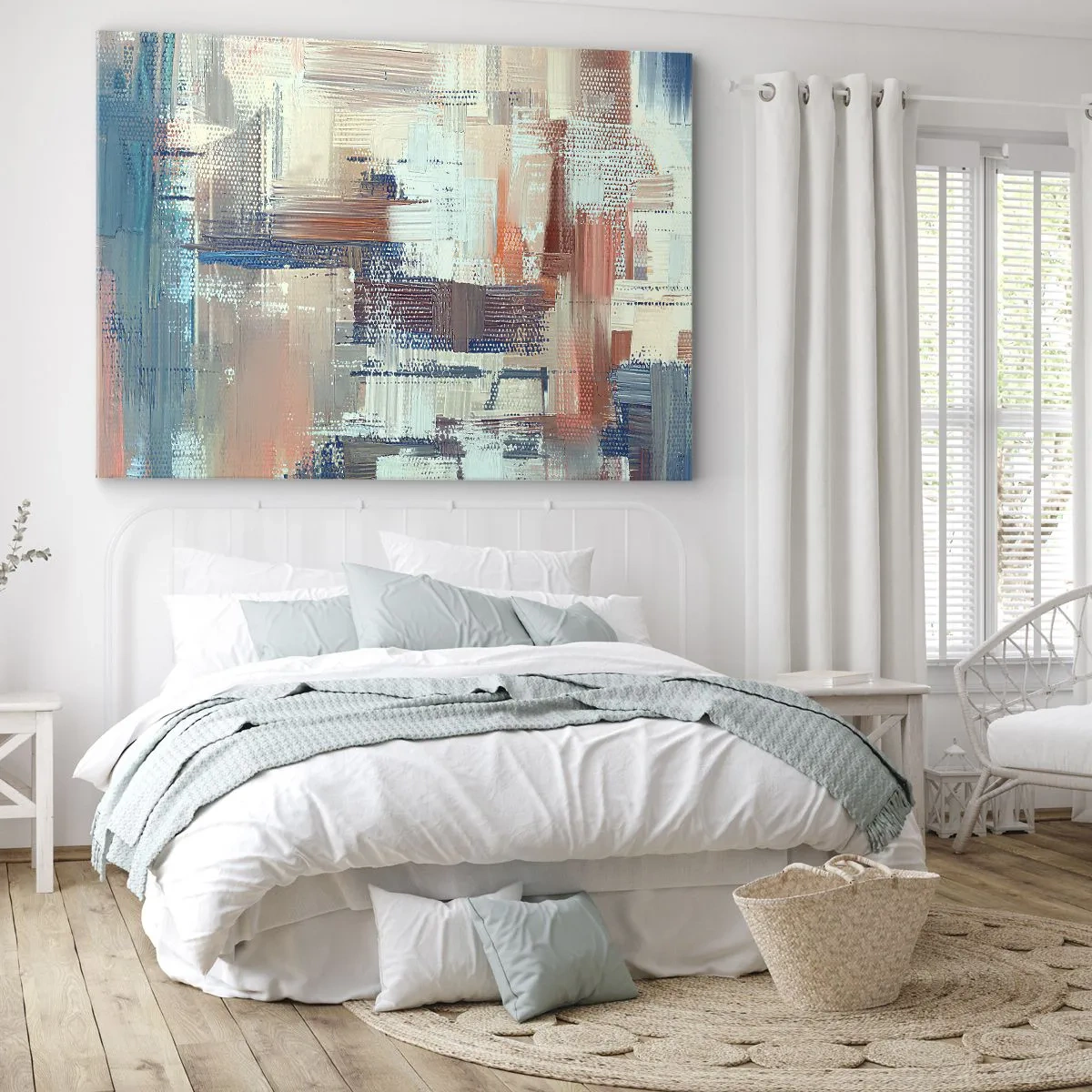 Lærredstryk - Billede på lærred - Abstrakt komposition i blå og beige nuancer - 70x50cm - At nå lyset - Moderne vægdekoration til stue og soveværelse ARTTOR