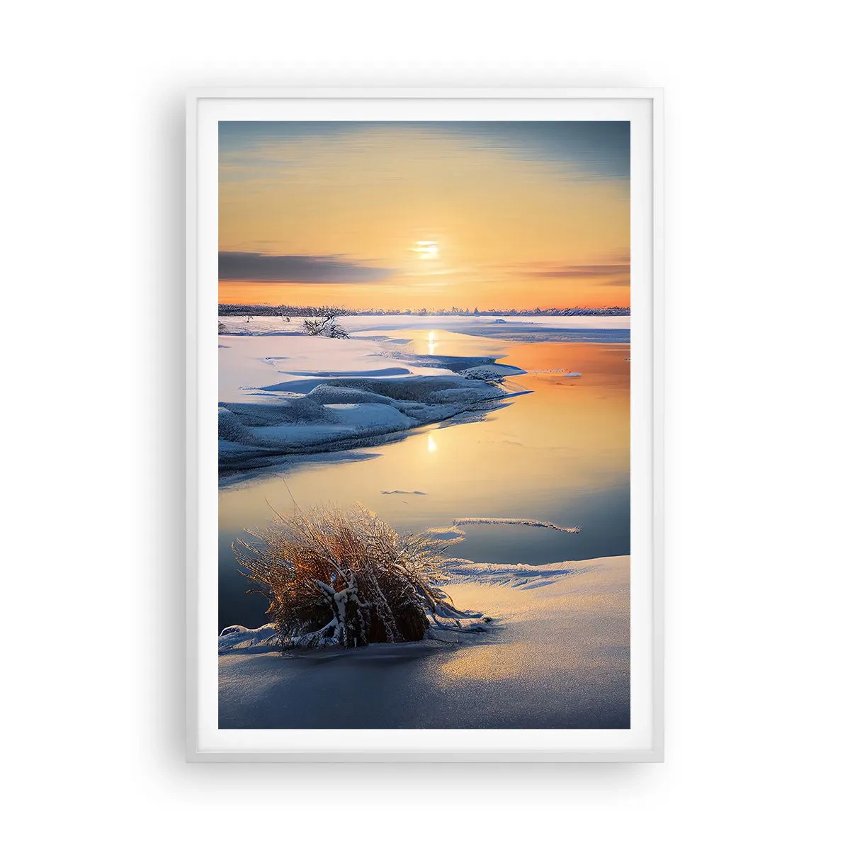 Plakat i hvid ramme - Vintersolnedgang - 70x100 cm