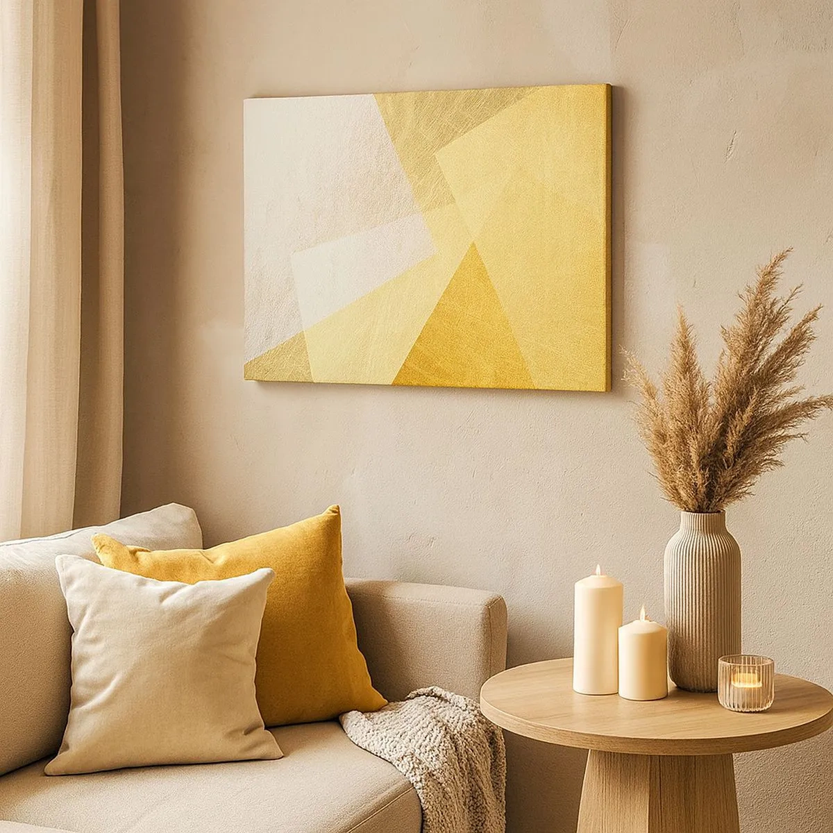 Lærredstryk - Billede på lærred - Geometriske former i guld og lyse nuancer - 70x50cm - Geometriens vejr - Moderne vægdekoration til stue og soveværelse ARTTOR