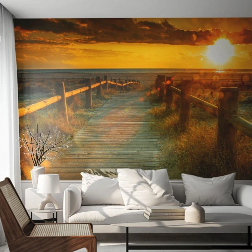 Fototapet Standard Eco - Badet i gammelt guld - Landskab, Hav, Nedstigning til stranden - 300x210 cm