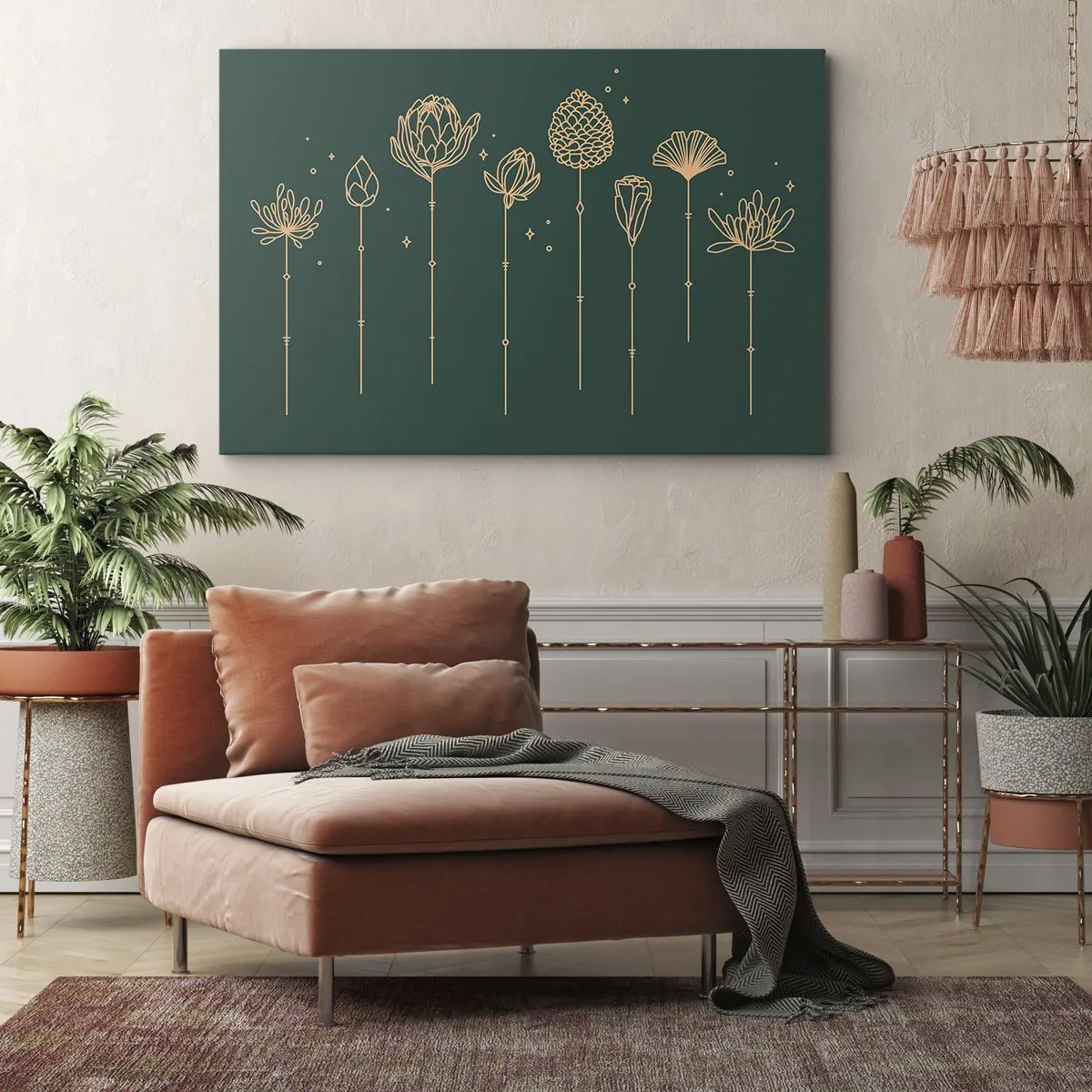 Lærredstryk - Billede på lærred - Gyldne tegninger af urter på en mørkegrøn baggrund - 70x50cm - Familien ZIÓŁkowski - Moderne vægdekoration til stue og soveværelse ARTTOR