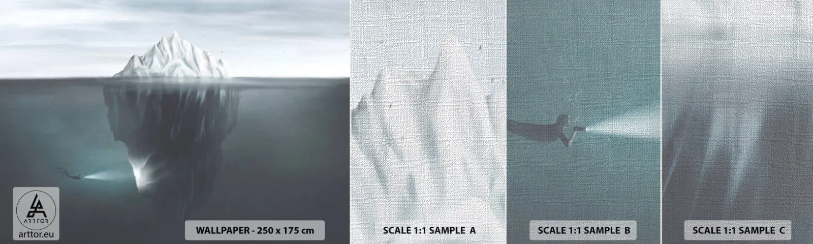 Prøve Fototapet Premium Canvas - Undervands-mysterium - Isbjerg, Gletscher, Dykker - 100x30 cm