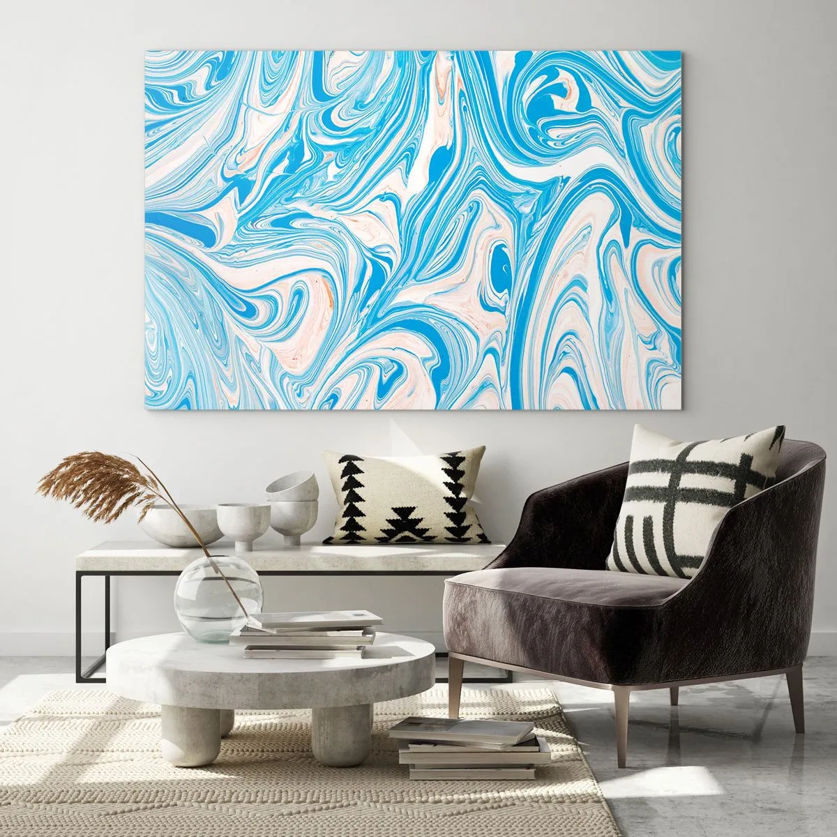Billede på glas - Abstrakt mønster i turkise og beige nuancer - 70x50cm - Marsk i turkis - Moderne vægdekoration til stue og soveværelse ARTTOR