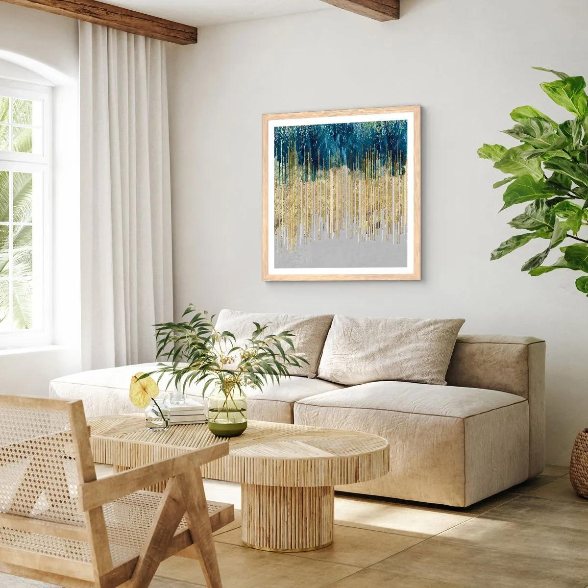 Plakat i ramme af lyst egetræ - Forgyldt grænse - 40x40 cm