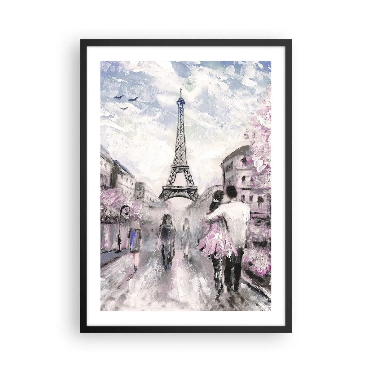 Plakat i sort ramme - En romantisk scene i Paris med Eiffeltårnet i baggrunden - 50x70cm - Hvis du bliver forelsket, er det kun i... - Moderne vægdekoration til stue og soveværelse ARTTOR
