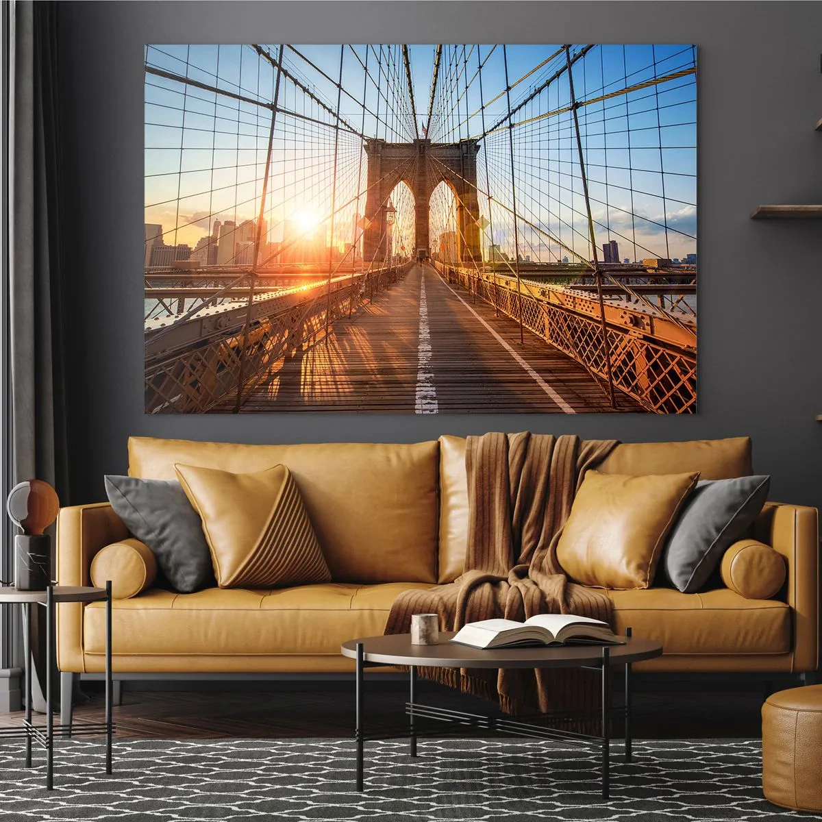 Billede på glas - Solnedgang på Brooklyn Bridge i New York - 70x50cm - På den gyldne bro - Moderne vægdekoration til stue og soveværelse ARTTOR