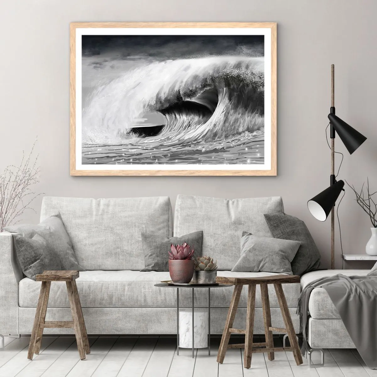 Plakat i ramme af lyst egetræ - Havets vrede - 100x70 cm