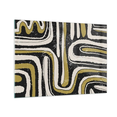 Billede på glas - Abstrakte mønstre i sort, hvid og guld - 70x50cm - Komposition: stier og gyder - Moderne vægdekoration til stue og soveværelse ARTTOR