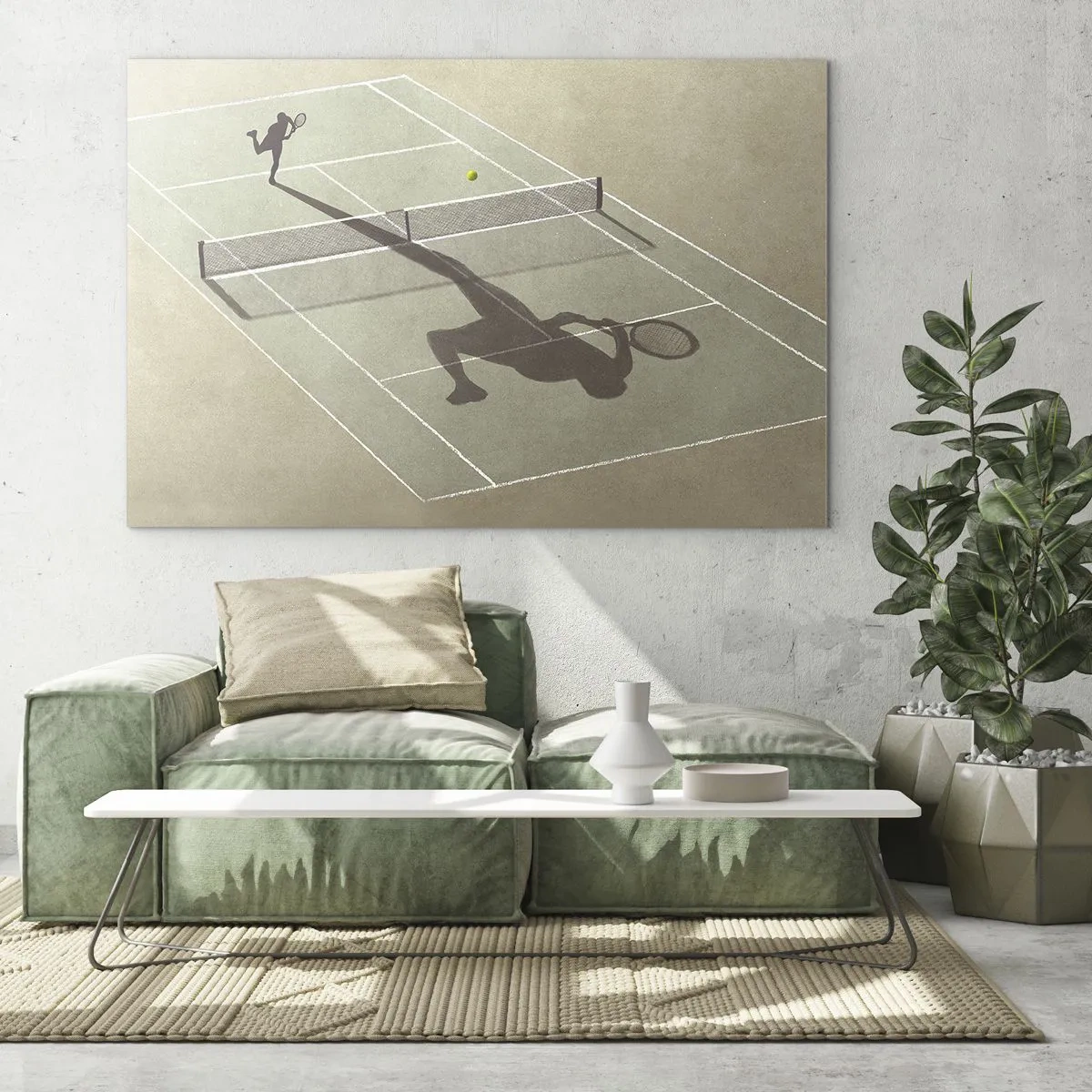 Billede på glas - Figuren af en tennisspiller og hans skygge på banen under en serv - 70x50cm - Overvind dig selv - Moderne vægdekoration til stue og soveværelse ARTTOR