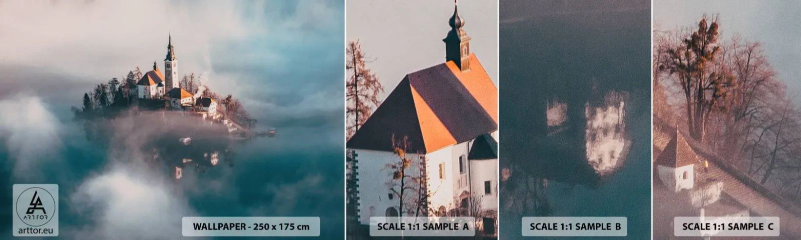 Prøve Fototapet Selvklæbende Deluxe Sticker - Drømmeøen - Landskab, Arkitektur, Kirke - 100x30 cm