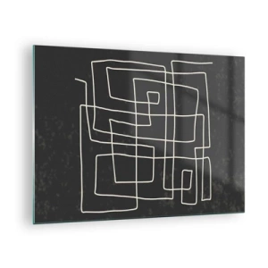Billede på glas - Geometrisk abstraktion med hvide linjer på en sort baggrund - 70x50cm - Ikke helt så enkel - Moderne vægdekoration til stue og soveværelse ARTTOR