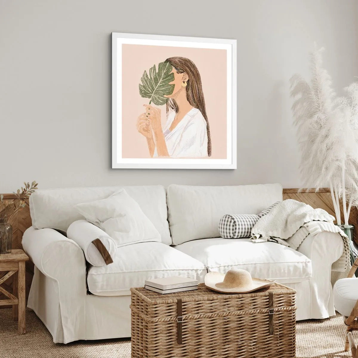 Plakat i hvid ramme - Mystisk portræt med en vifte - 40x40 cm