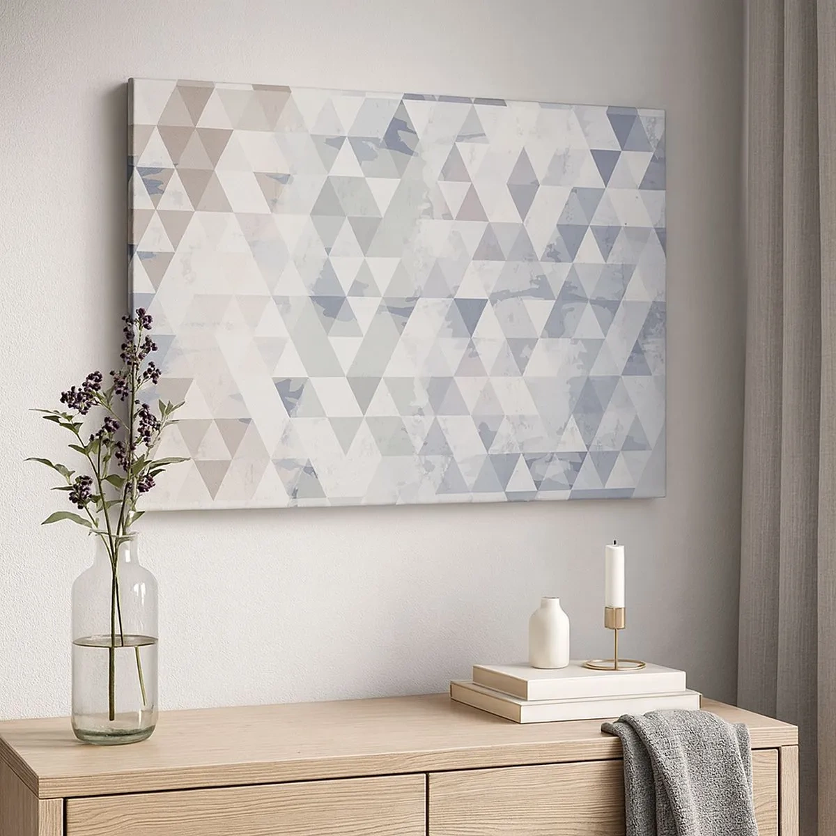 Lærredstryk - Billede på lærred - Geometrisk trekantmønster i pastelfarver - 70x50cm - I takt på tre - Moderne vægdekoration til stue og soveværelse ARTTOR