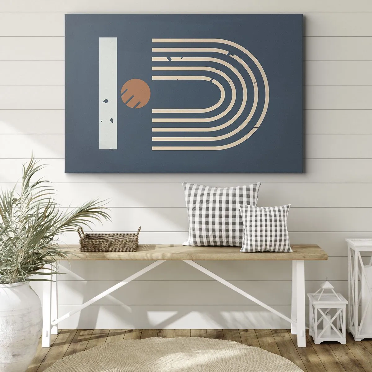 Lærredstryk - Billede på lærred - Geometrisk mønster i nuancer af marineblå, beige og orange på en mørk baggrund - 70x50cm - Geometri på granatæble - Moderne vægdekoration til stue og soveværelse ARTTOR