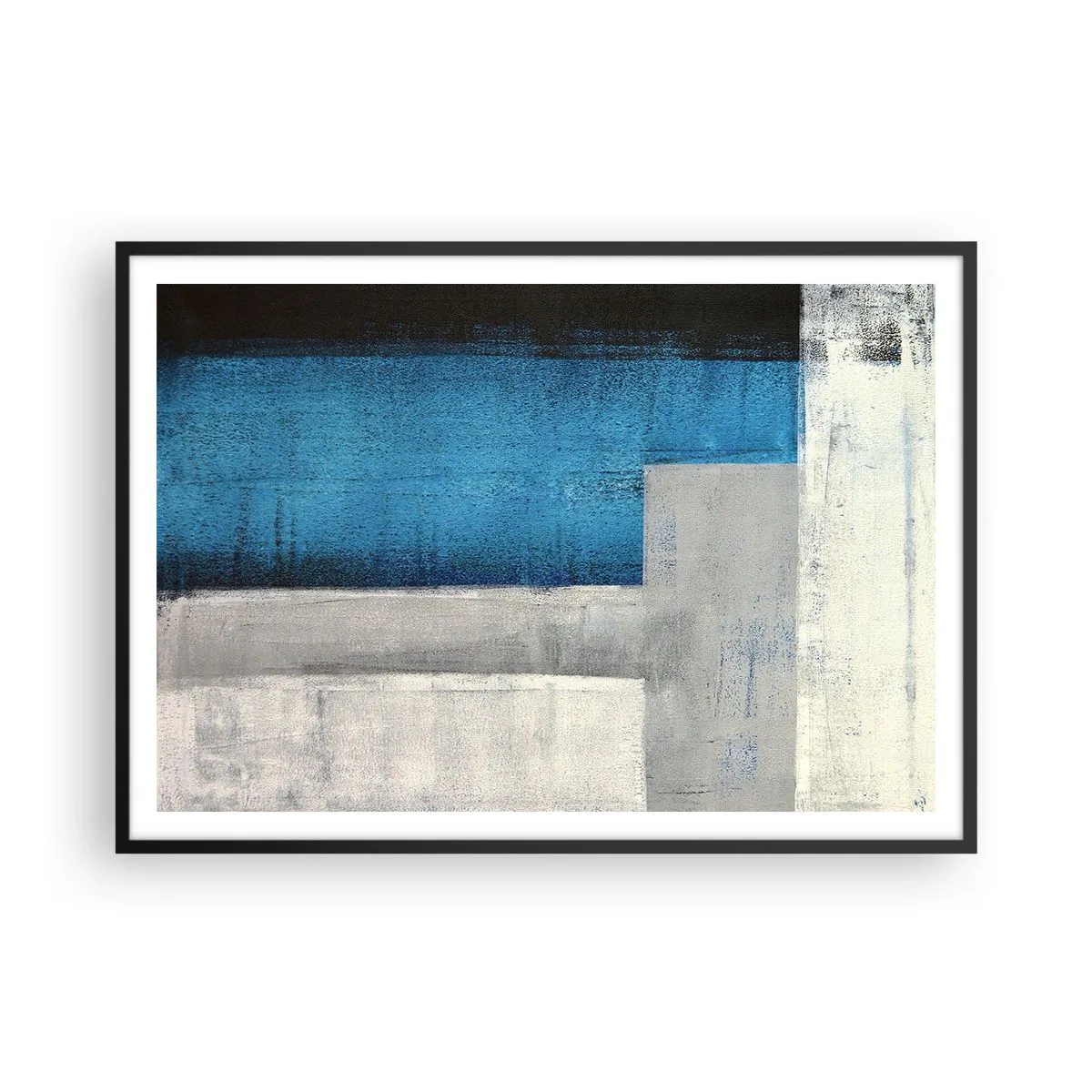 Plakat i sort ramme - Poetisk komposition af grå og blå - 100x70 cm
