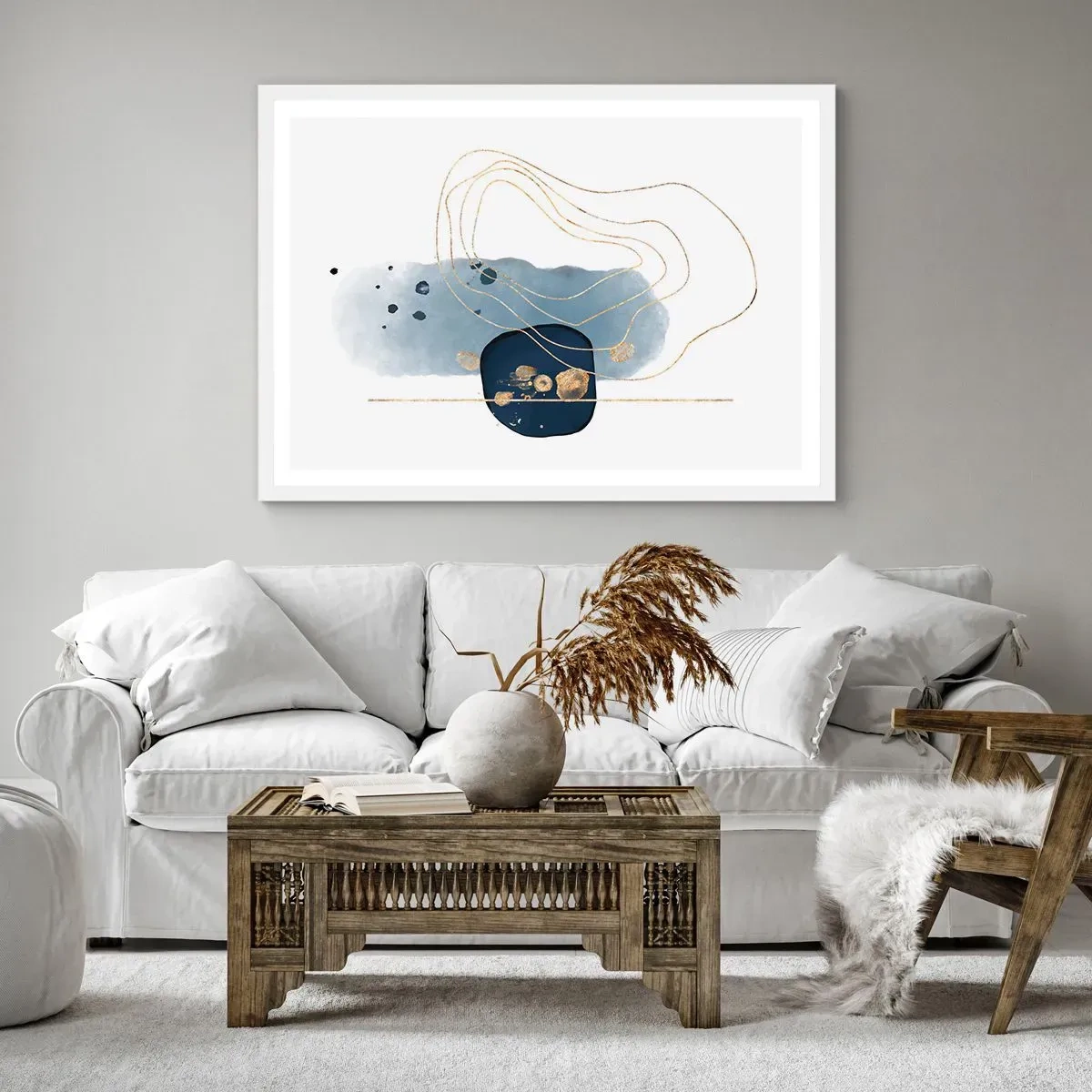 Plakat i hvid ramme - Blå-gylden fantasi - 100x70 cm