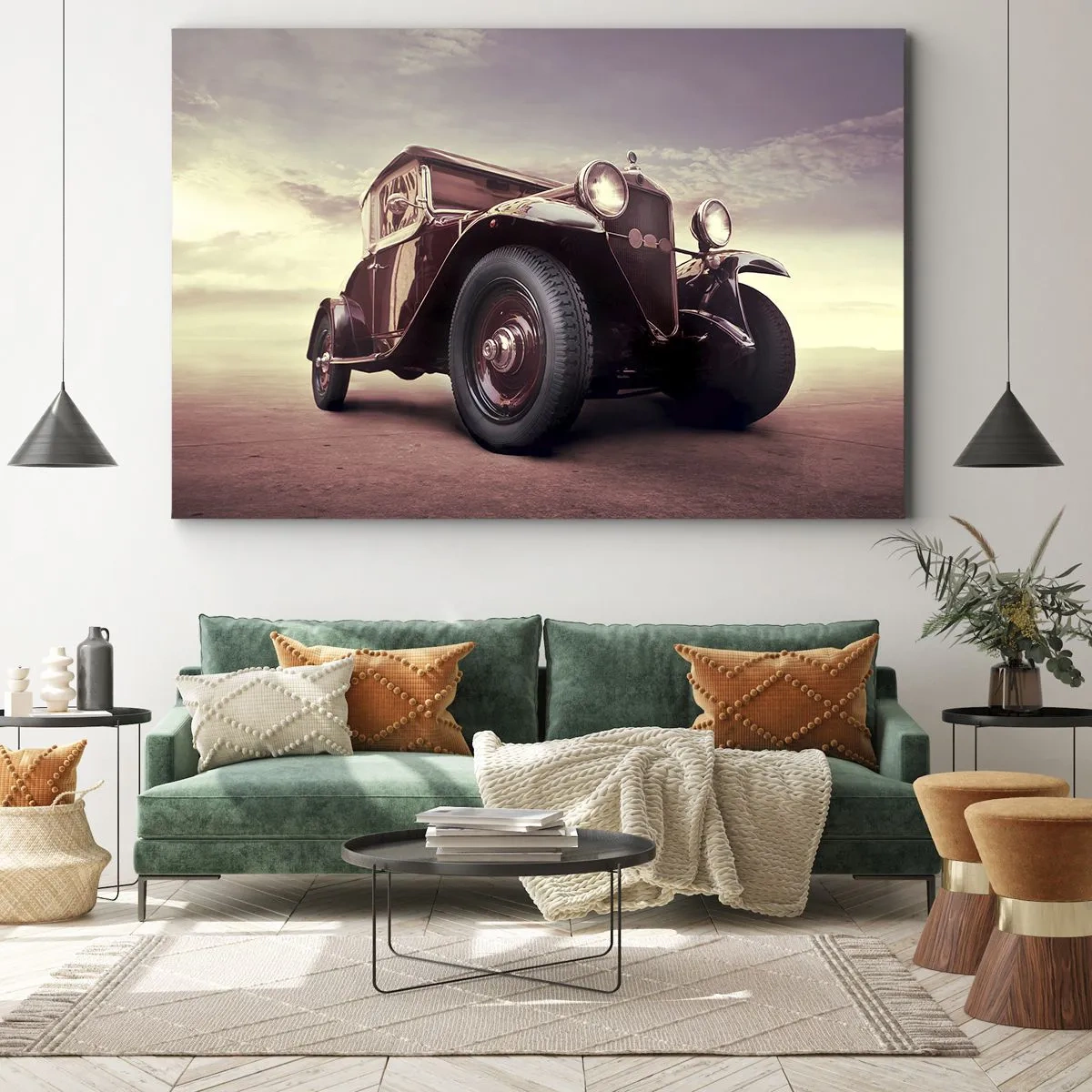 Lærredstryk - Billede på lærred - En veteranbil i klassisk stil mod himlen - 70x50cm - Lad os gå tilbage til de gamle dage.... - Moderne vægdekoration til stue og soveværelse ARTTOR