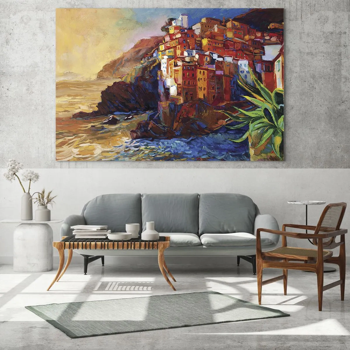 Billede på glas - En farverig by på en klippe med udsigt over havet - 70x50cm - Italiensk atmosfære - Moderne vægdekoration til stue og soveværelse ARTTOR