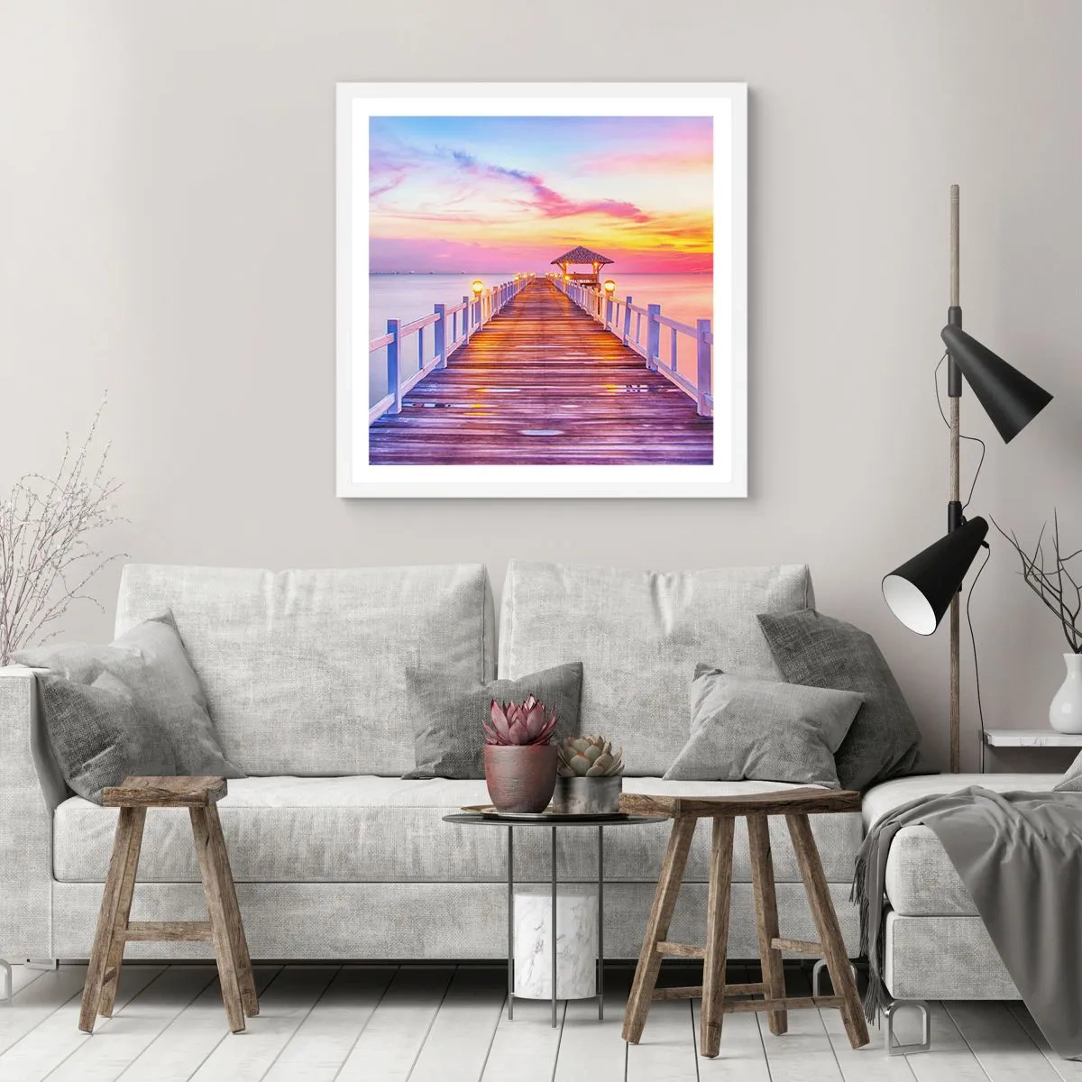 Plakat i hvid ramme - Lilagylden stilhed om aftenen - 30x30 cm