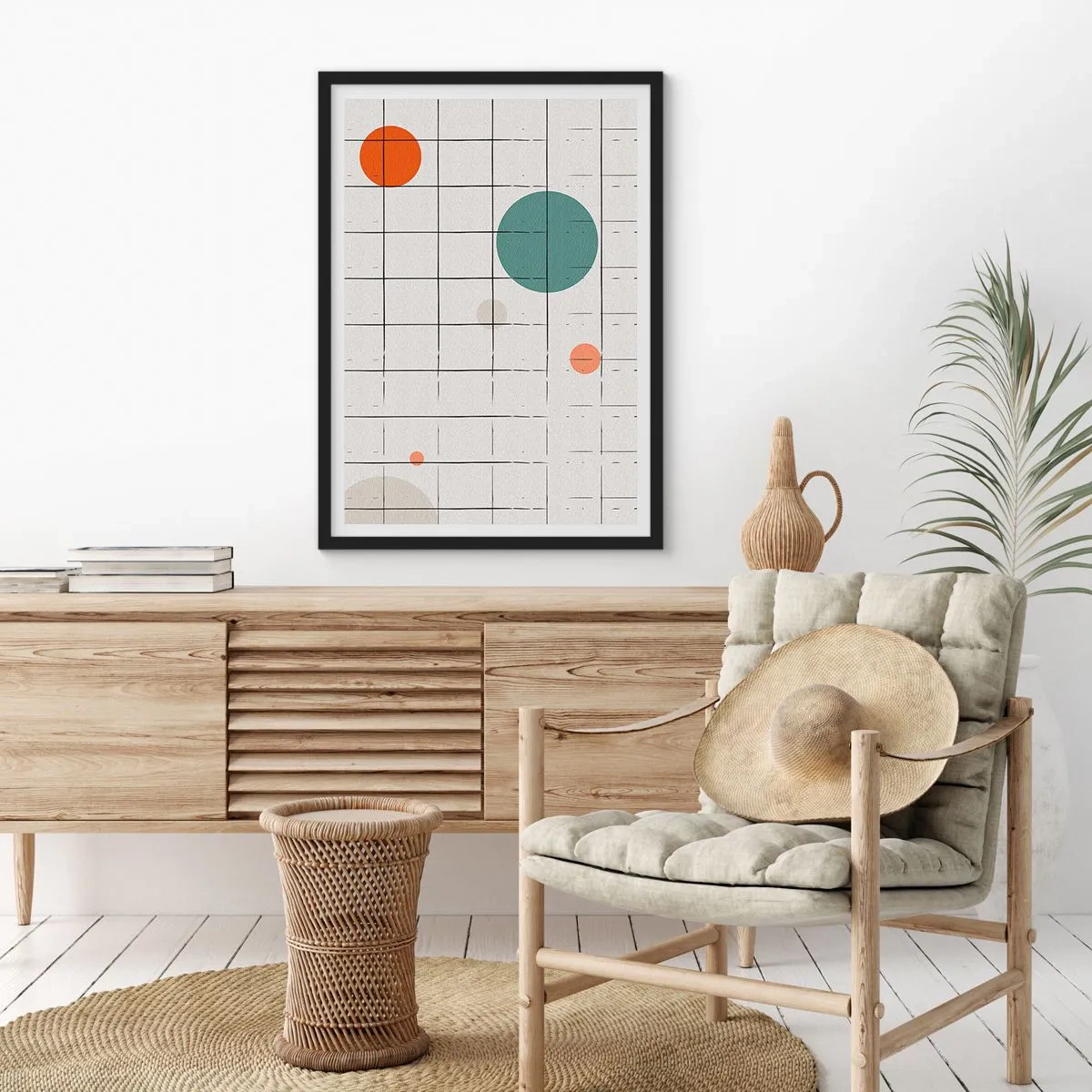 Plakat i sort ramme - Abstrakt komposition af et gitter og farvede cirkler - 50x70cm - Fanget i en fælde. Os eller dem? - Moderne vægdekoration til stue og soveværelse ARTTOR