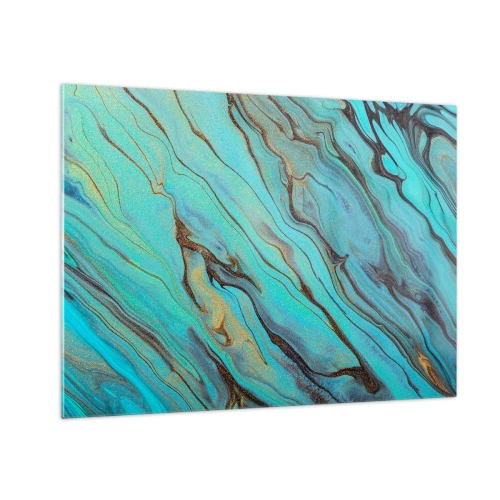 Billede på glas - Abstrakte striber i turkis og guld - 70x50cm - Turkis tidevand - Moderne vægdekoration til stue og soveværelse ARTTOR