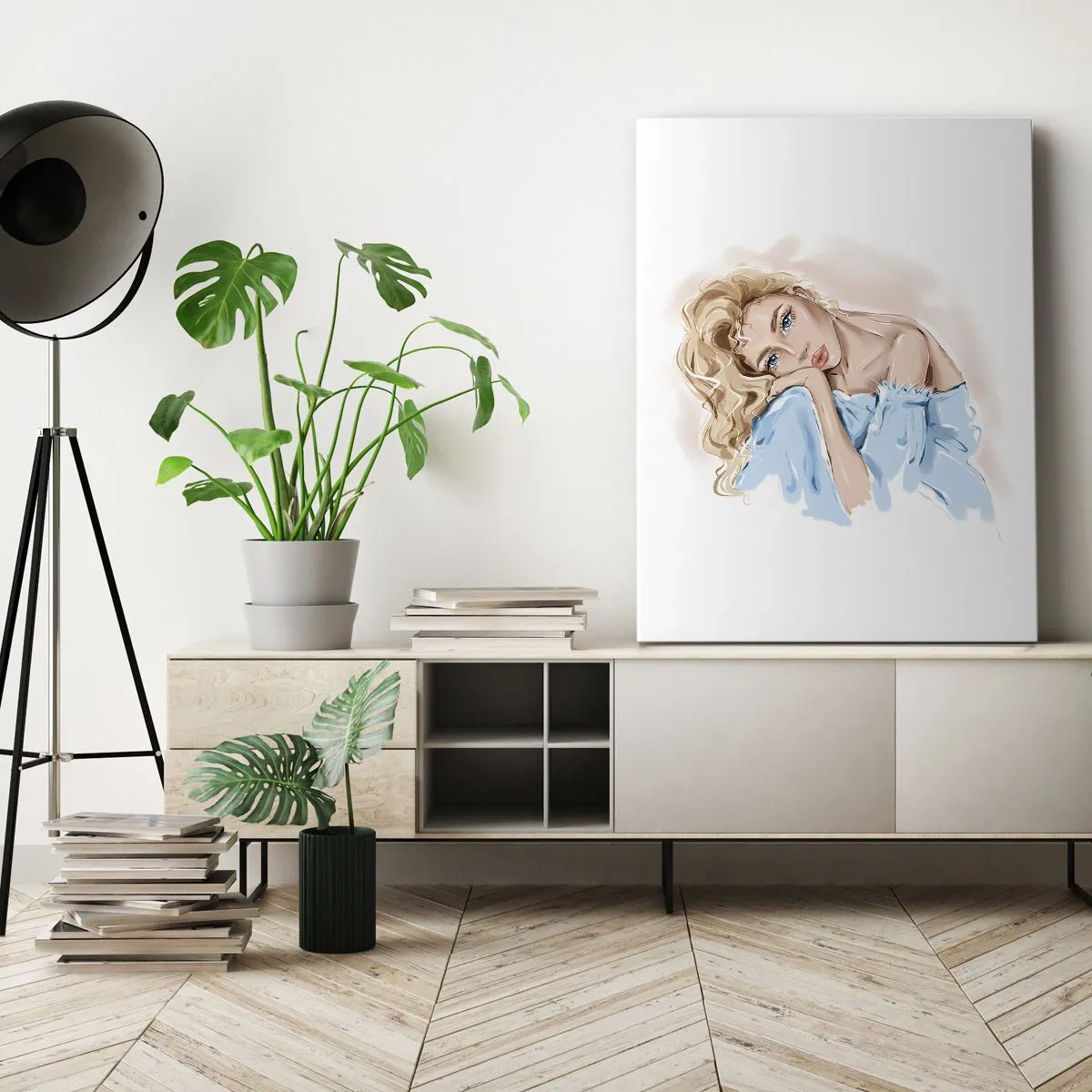 Lærredstryk - Billede på lærred - Drømmende i blåt - 55x100 cm