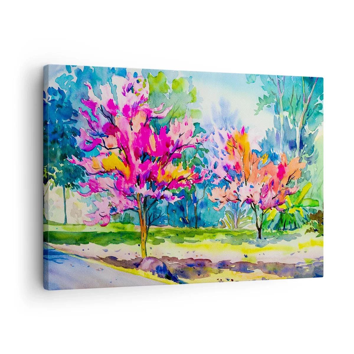 Lærredstryk - Billede på lærred - Farverige træer i en park i akvarelstil - 70x50cm - Regnbuehaven i forårets pragt - Moderne vægdekoration til stue og soveværelse ARTTOR
