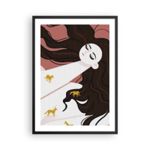 Plakat i sort ramme - En drømmende kvinde med langt hår og gyldne heste - 50x70cm - Drøm om en gylden hest - Moderne vægdekoration til stue og soveværelse ARTTOR
