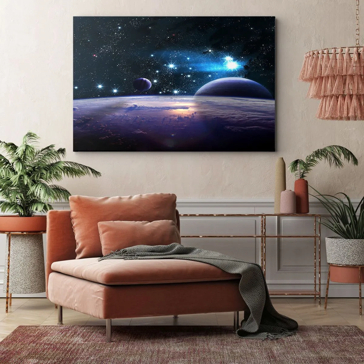 Lærredstryk - Billede på lærred - Udsigt over det ydre rum med planeter og stjerner - 70x50cm - Er du stadig alene? - Moderne vægdekoration til stue og soveværelse ARTTOR