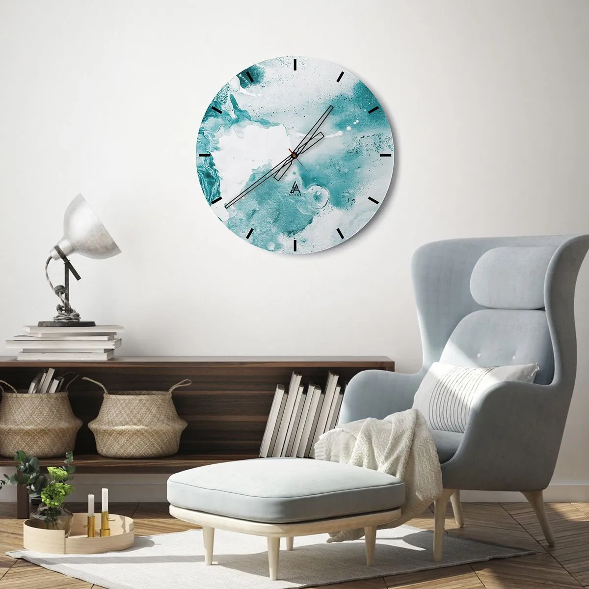 Vægur, Uret - Abstrakt komposition i turkise og hvide nuancer - 30x30cm - Blå oversvømmelsesflader - Moderne vægdekoration til stue, køkken og soveværelse ARTTOR