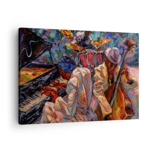 Lærredstryk - Billede på lærred - Energisk jazzscene med musikere og instrumenter - 70x50cm - I én rytme - Moderne vægdekoration til stue og soveværelse ARTTOR