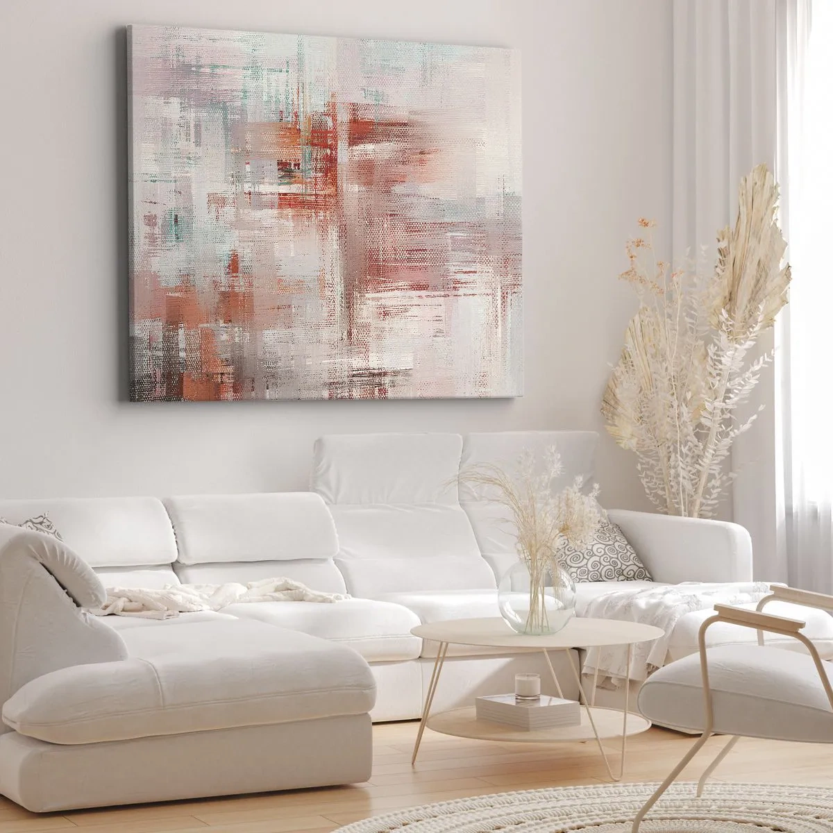 Lærredstryk - Billede på lærred - En abstrakt komposition med nuancer af rød og pastelfarver. - 70x50cm - Diset. Hvor er dog det lyserødt - Moderne vægdekoration til stue og soveværelse ARTTOR