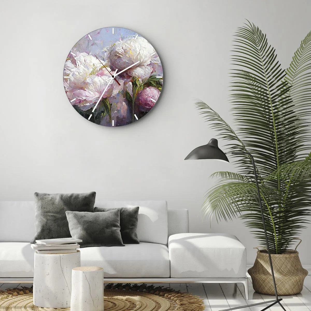 Vægur, Uret - En buket af hvide og lyserøde blomster på en blå baggrund - 30x30cm - En buket fyldt med liv - Moderne vægdekoration til stue, køkken og soveværelse ARTTOR