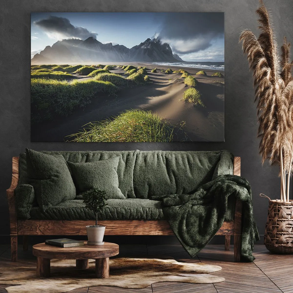 Lærredstryk - Billede på lærred - Grønne klitter med bjergbaggrund under en blå himmel - 70x50cm - Harmoni mellem elementerne - Moderne vægdekoration til stue og soveværelse ARTTOR