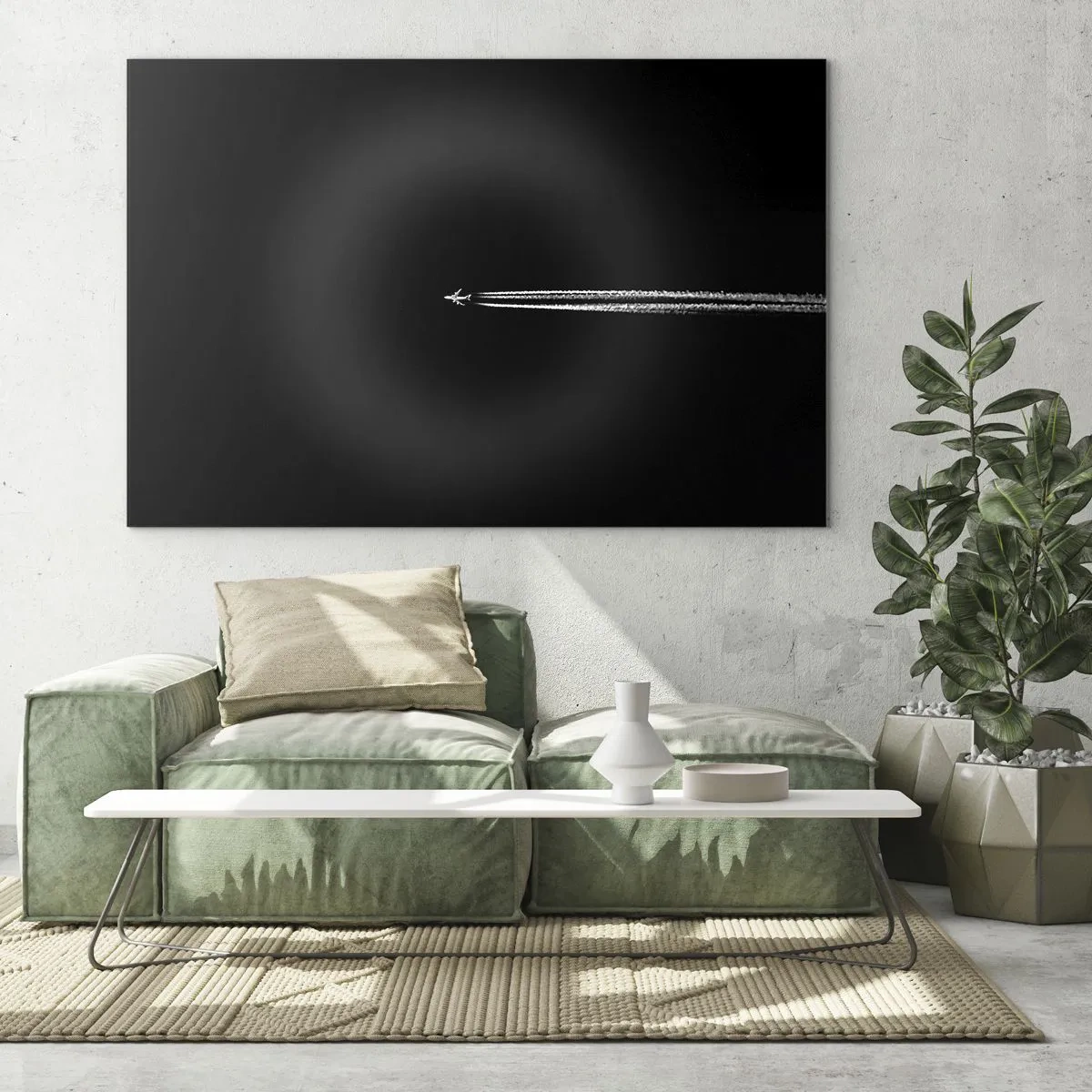 Billede på glas - Et jetfly på en sort baggrund med en kondensstribe - 70x50cm - Ind i en anden dimension - Moderne vægdekoration til stue og soveværelse ARTTOR