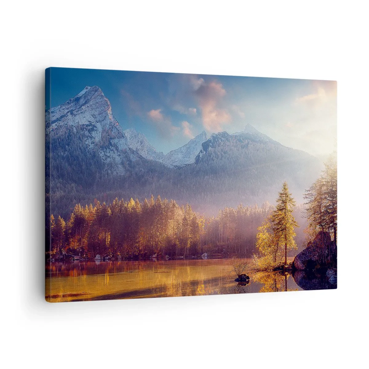 Lærredstryk - Billede på lærred - Malerisk udsigt over bjergskoven og søen ved daggry - 70x50cm - I bjerge og dale - Moderne vægdekoration til stue og soveværelse ARTTOR