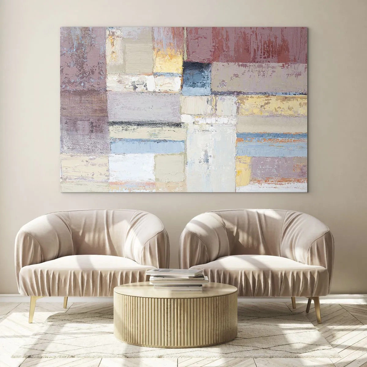 Billede på glas - Abstrakt geometrisk komposition i pastelfarver - 70x50cm - Geometriens ro - Moderne vægdekoration til stue og soveværelse ARTTOR