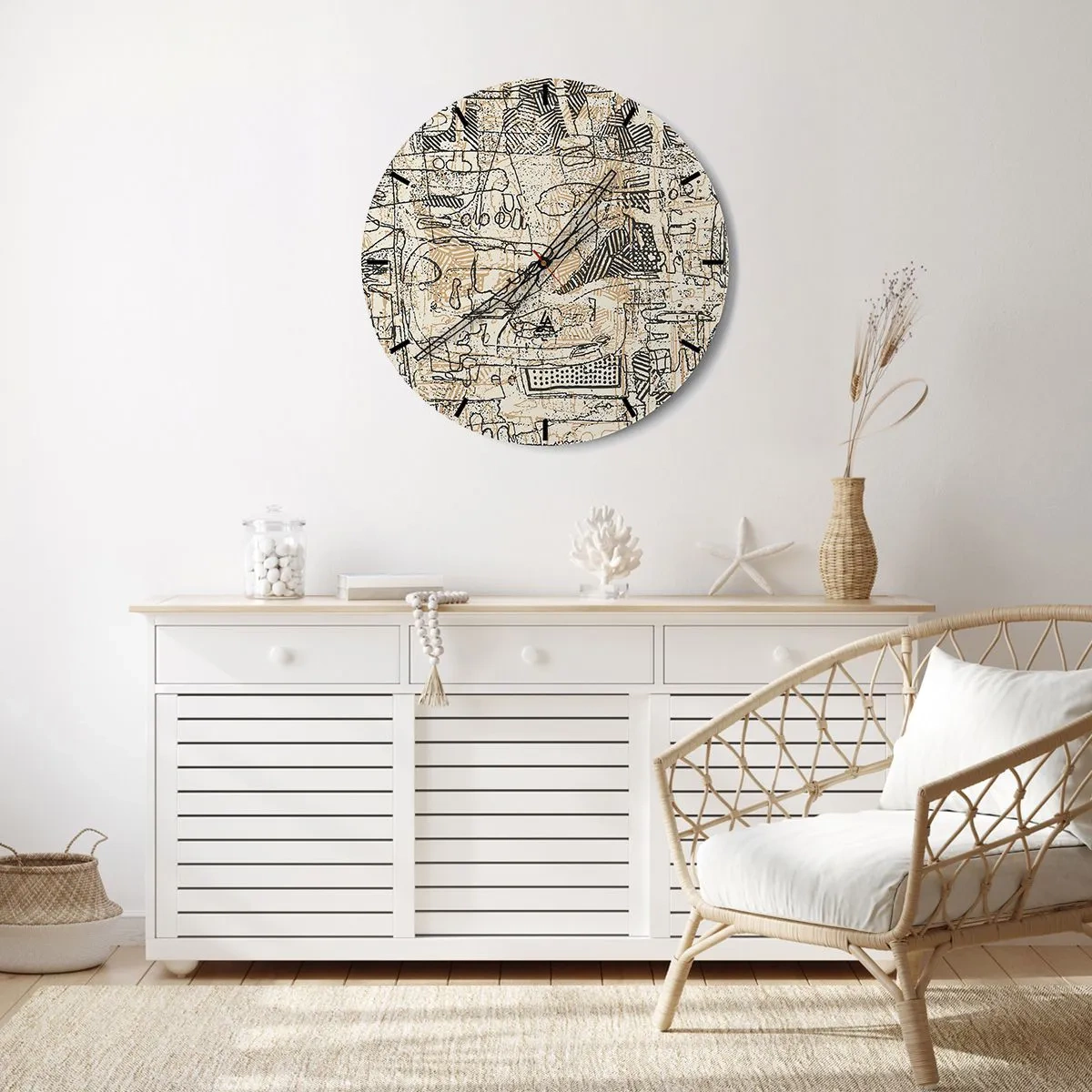 Vægur, Uret - Portræt af en kvinde lavet med stregtegninger på en lys baggrund - 30x30cm - Venter på at blive afkodet - Moderne vægdekoration til stue, køkken og soveværelse ARTTOR