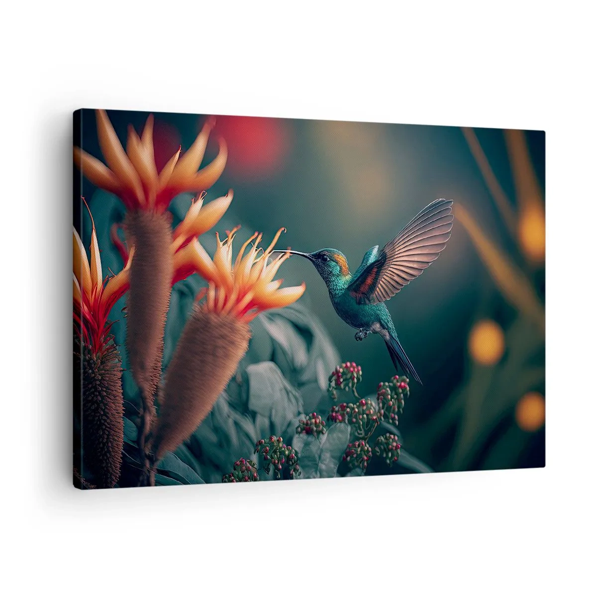 Lærredstryk - Billede på lærred - En farverig kolibri ved blomster mod en naturlig baggrund - 70x50cm - Et virkelig farverigt liv - Moderne vægdekoration til stue og soveværelse ARTTOR